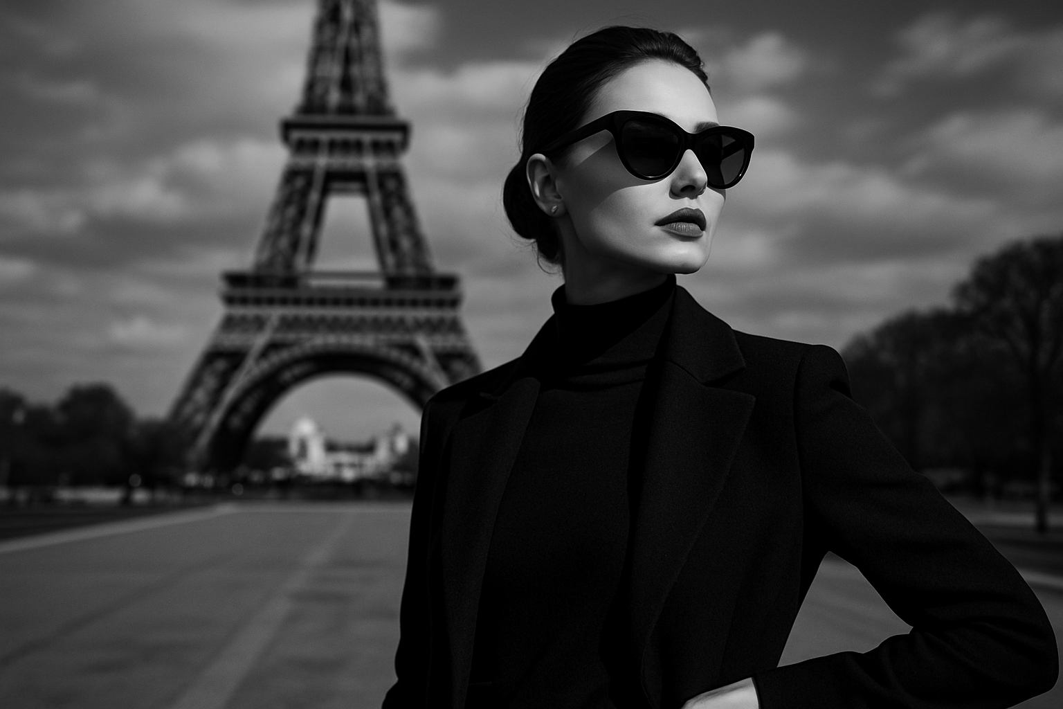 black & white femail model Effiel Tower she wears black sunglasses