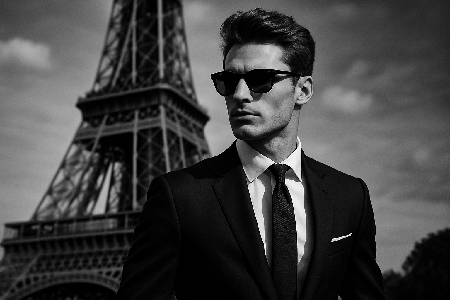 black & white male model in suit & tie and black sunglasses Paris Eiffel Tower