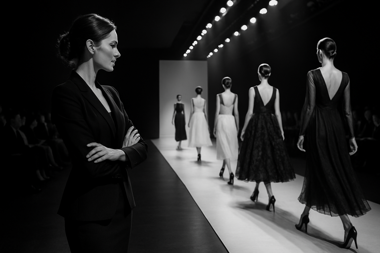 Fashion Designer femal with Models walking on runway black & white
